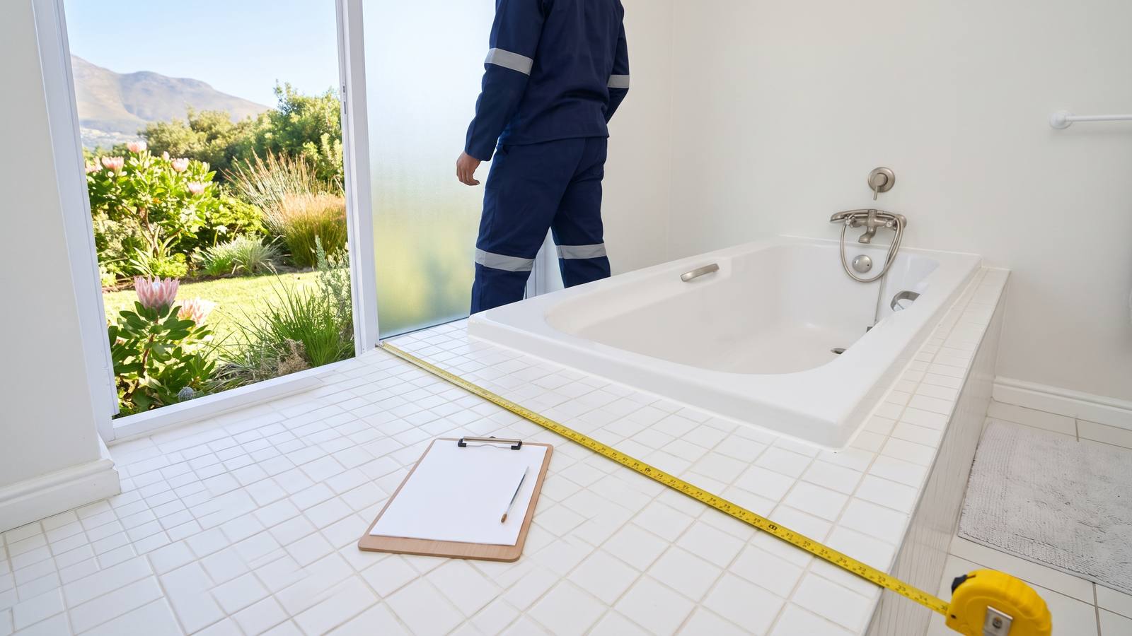 A tape measure stretched across a bathroom floor beside a bath, with a clipboard on the floor, ready for a renovation quote.