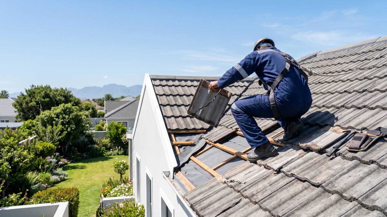 A roofer in navy overalls, seen from behind, lifting a cracked grey concrete roof tile on a pitched roof during roof repairs on a Cape Town home.